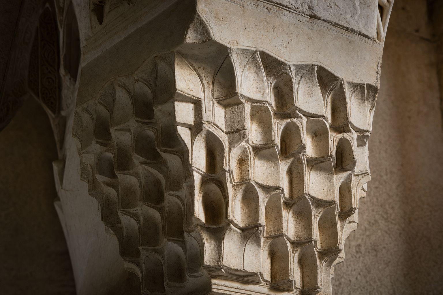 Detail of a muqarnas corner, tiers of small stone niches stepping outward under raking light