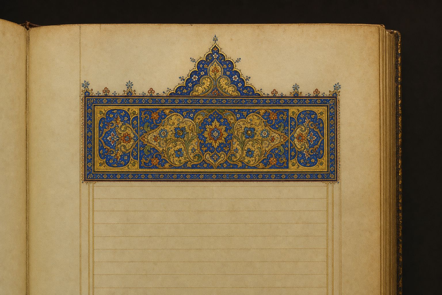 An illuminated manuscript headpiece in gold and lapis above ruled blank lines