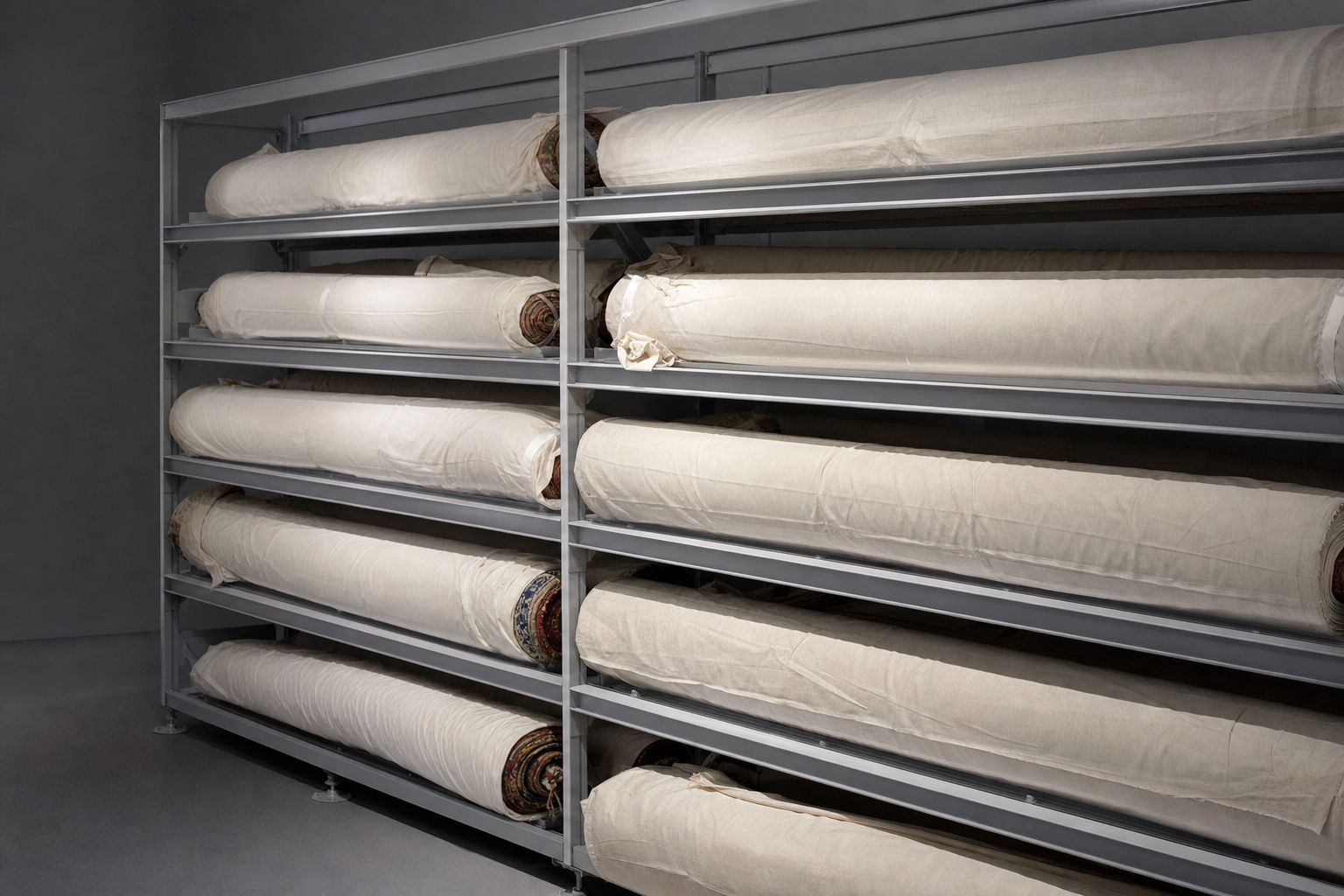 A museum textile store with rolled carpets sleeved in cotton on steel racks