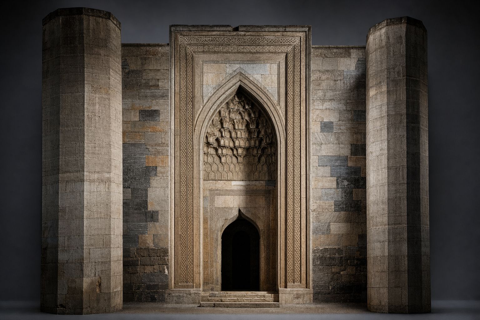 A monumental stone caravanserai gateway with a tall pointed recess and carved geometric bands