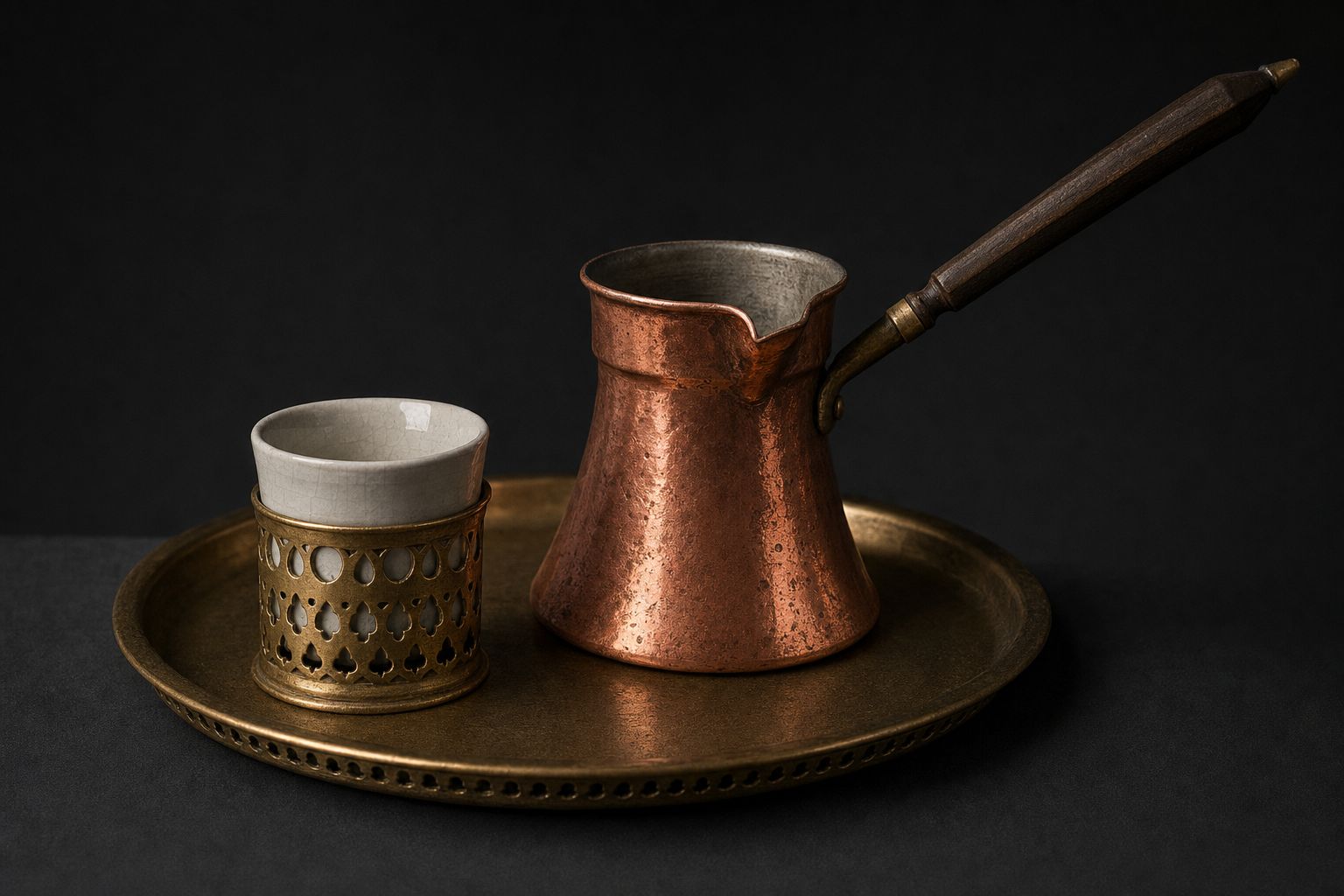 A small handleless cup in a pierced brass holder beside a long-handled copper coffee pot