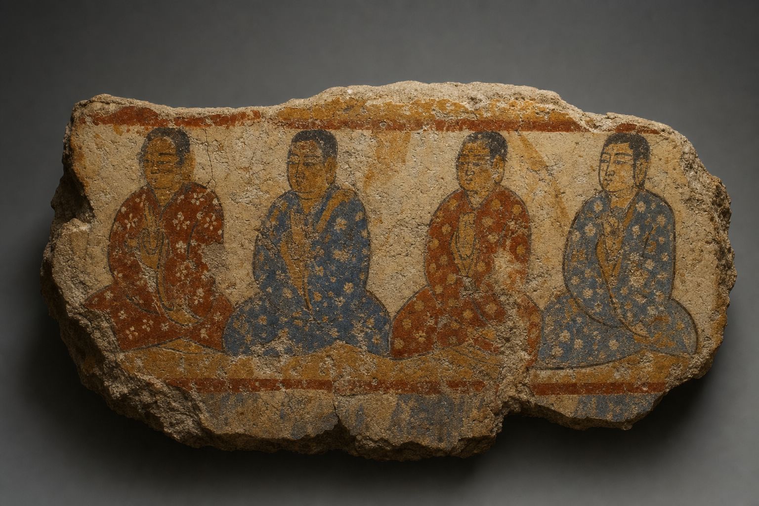 A fragment of wall painting on mud plaster showing seated donor figures in patterned robes