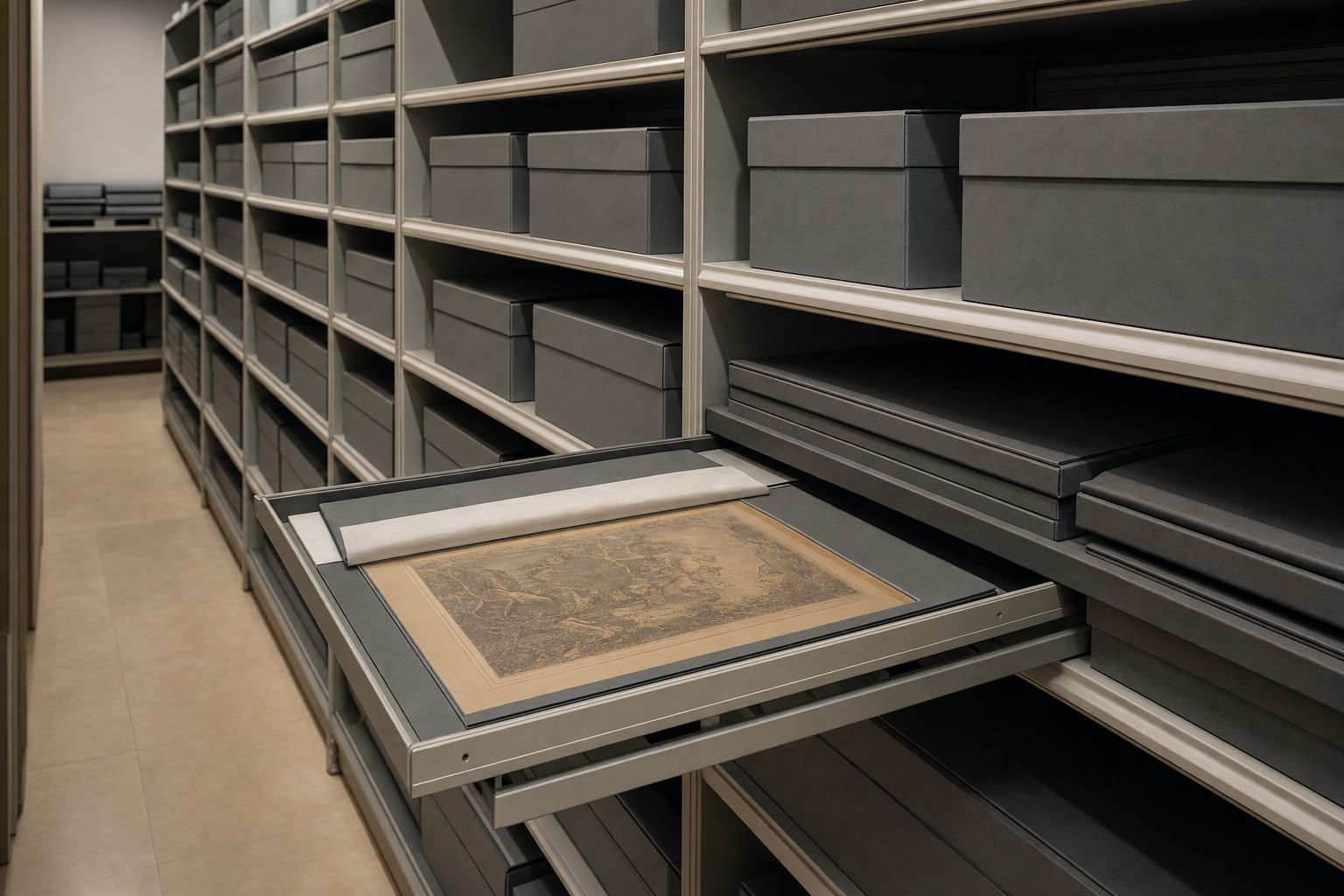 Rows of archival storage boxes and portfolio folders on metal shelving