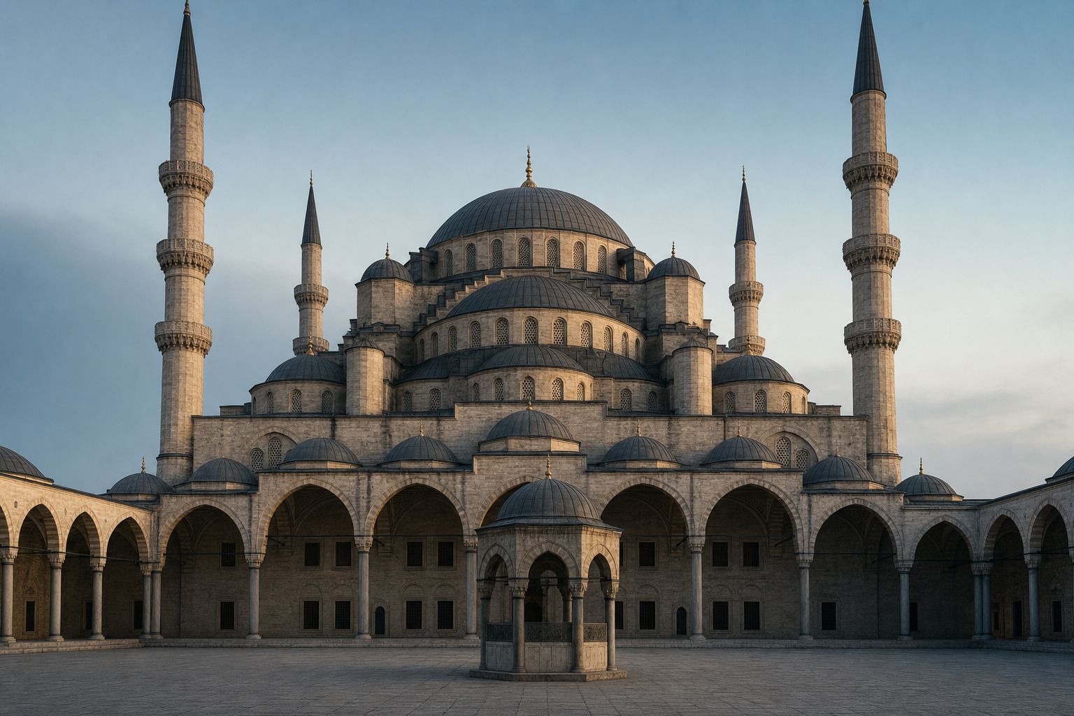 A large stone mosque at dusk: a central dome flanked by cascading half-domes and four pencil minarets