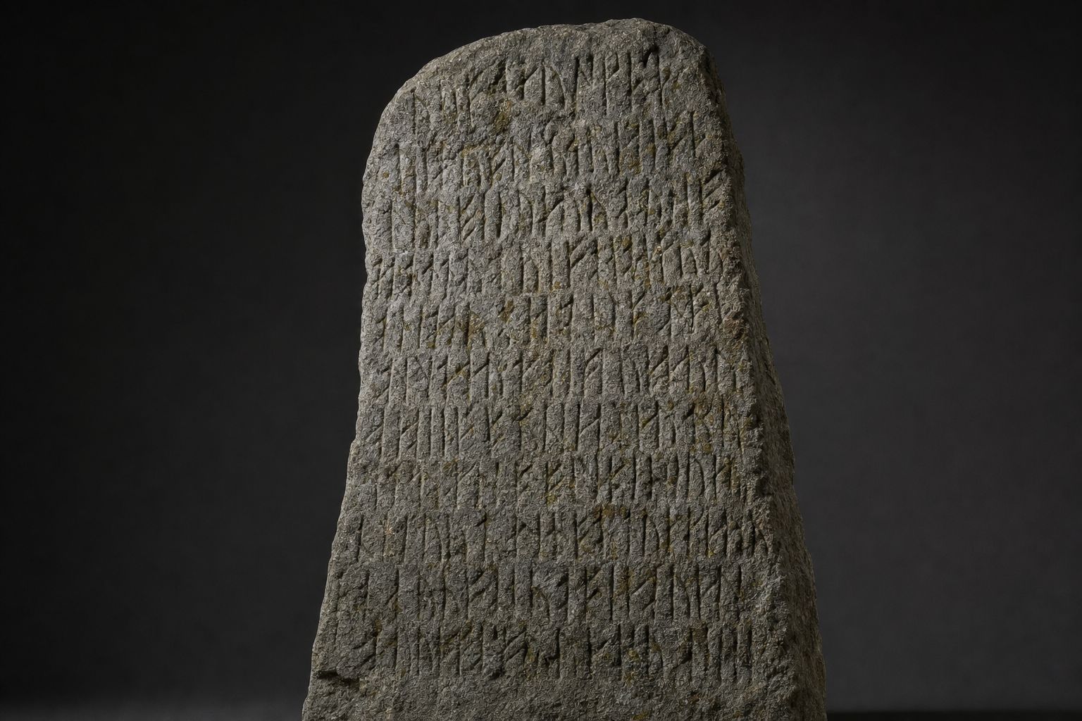 A weathered granite stele carved with rows of angular runiform characters, standing on open grassland