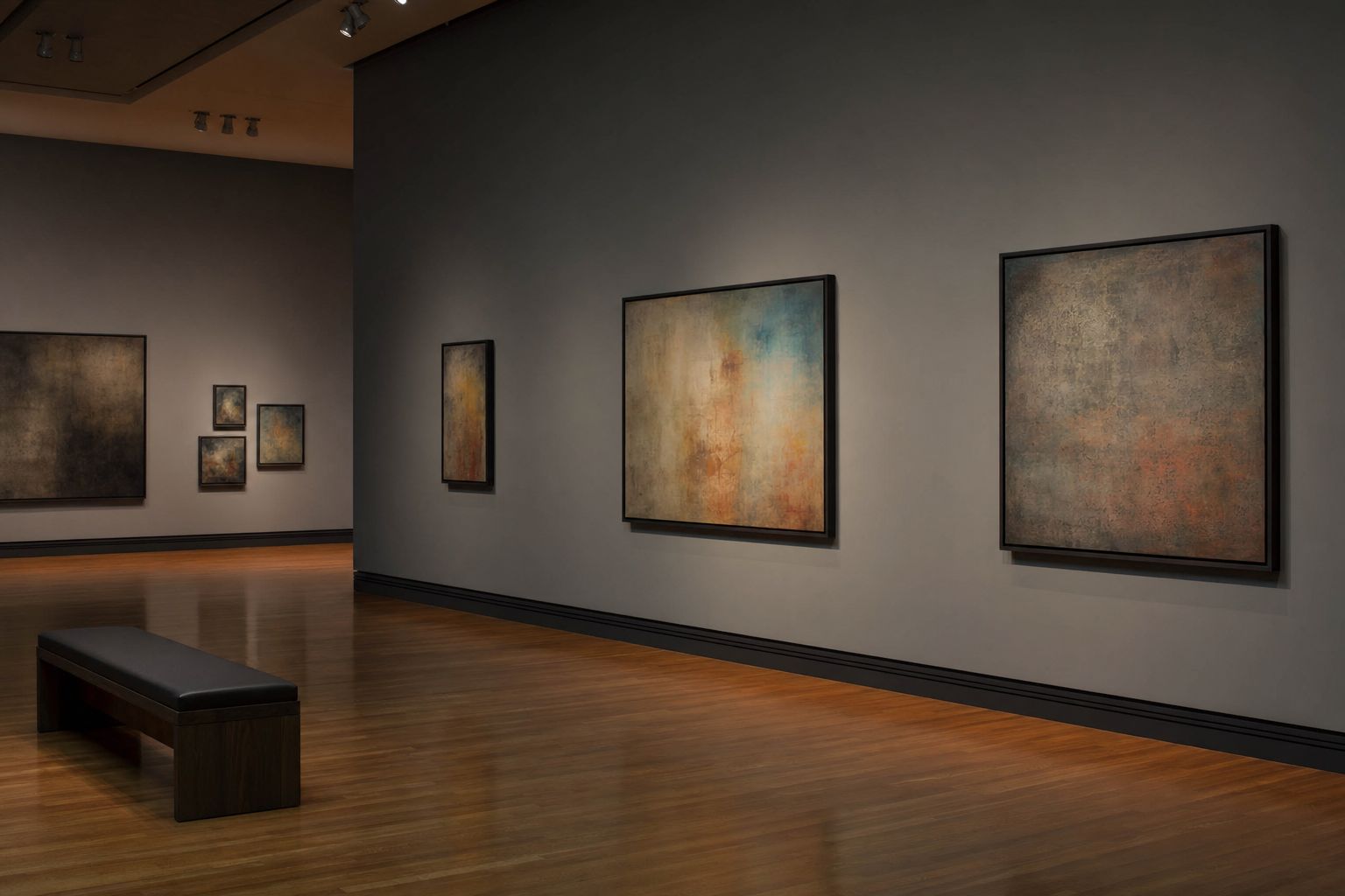 A gallery wall hung with framed works in plain dark frames, lit by ceiling spots