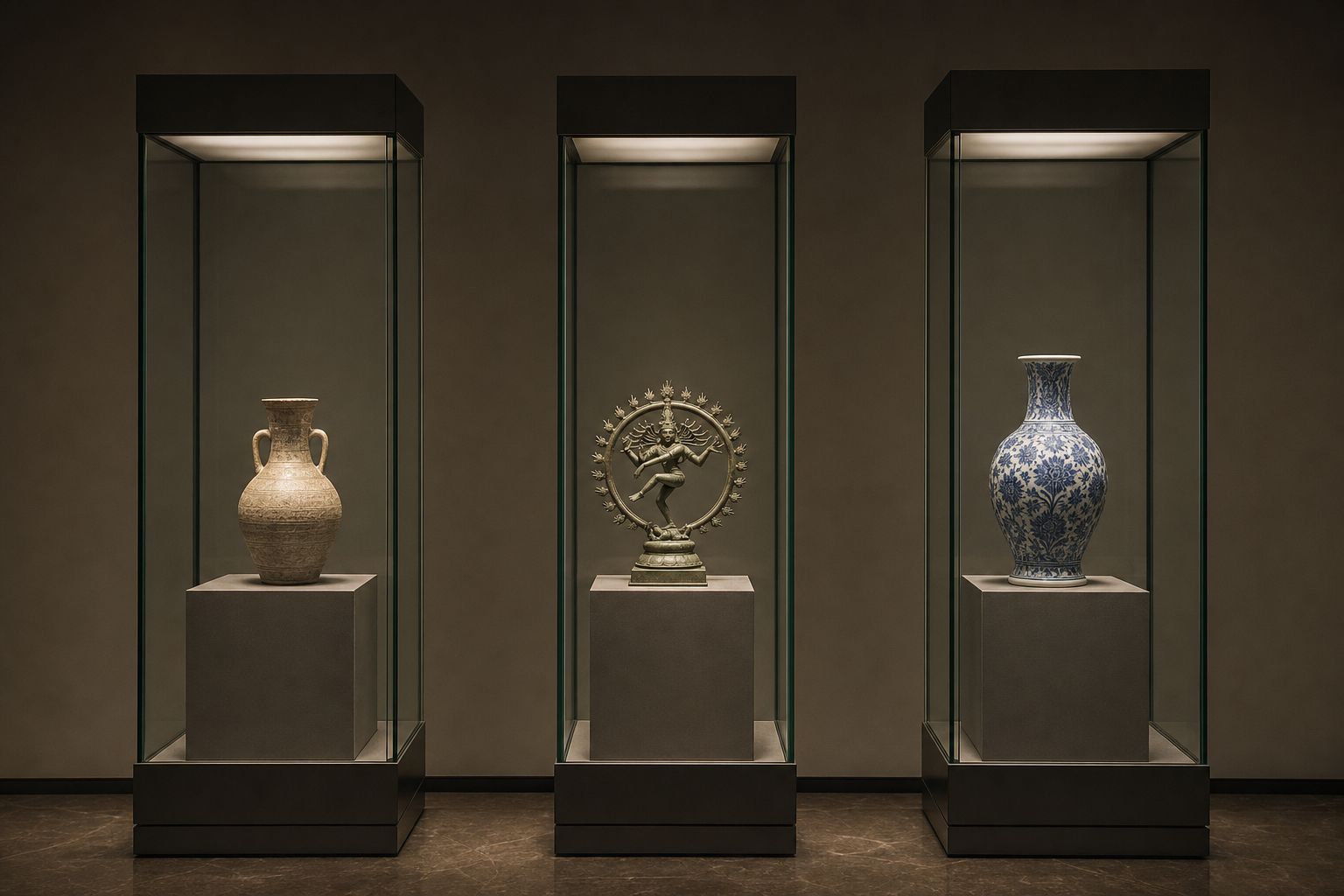 Three lit museum vitrines, each holding a single object on a neutral plinth in a dark gallery