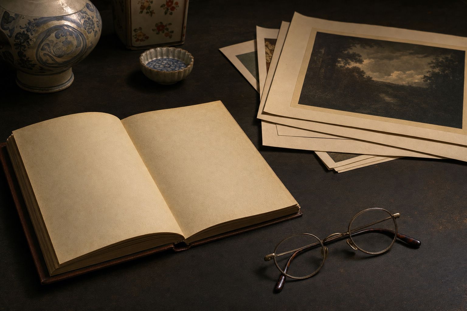 An open notebook and reading glasses beside a stack of loose printed plates