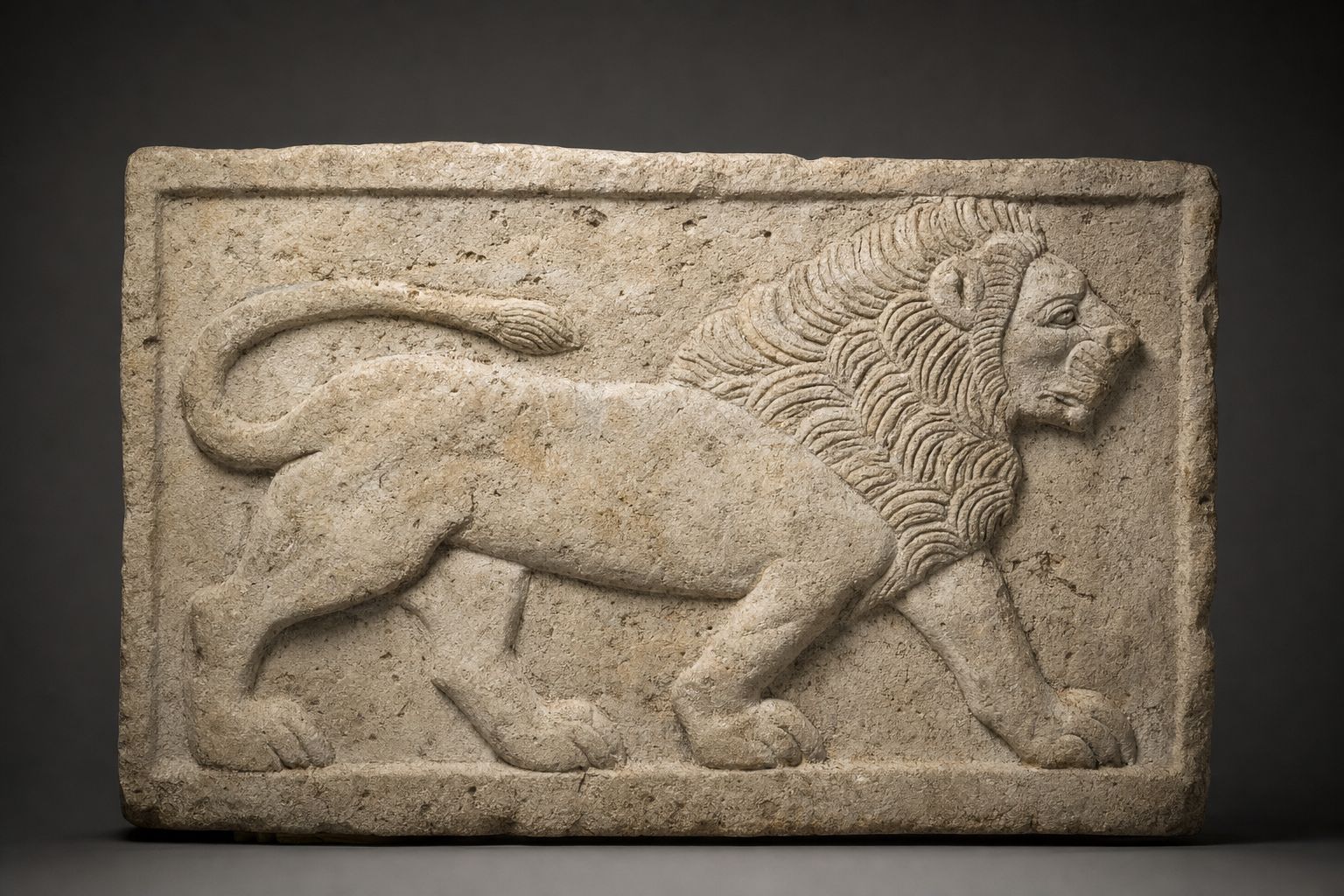A carved stone relief of a striding lion in profile, cut in shallow relief in pale limestone