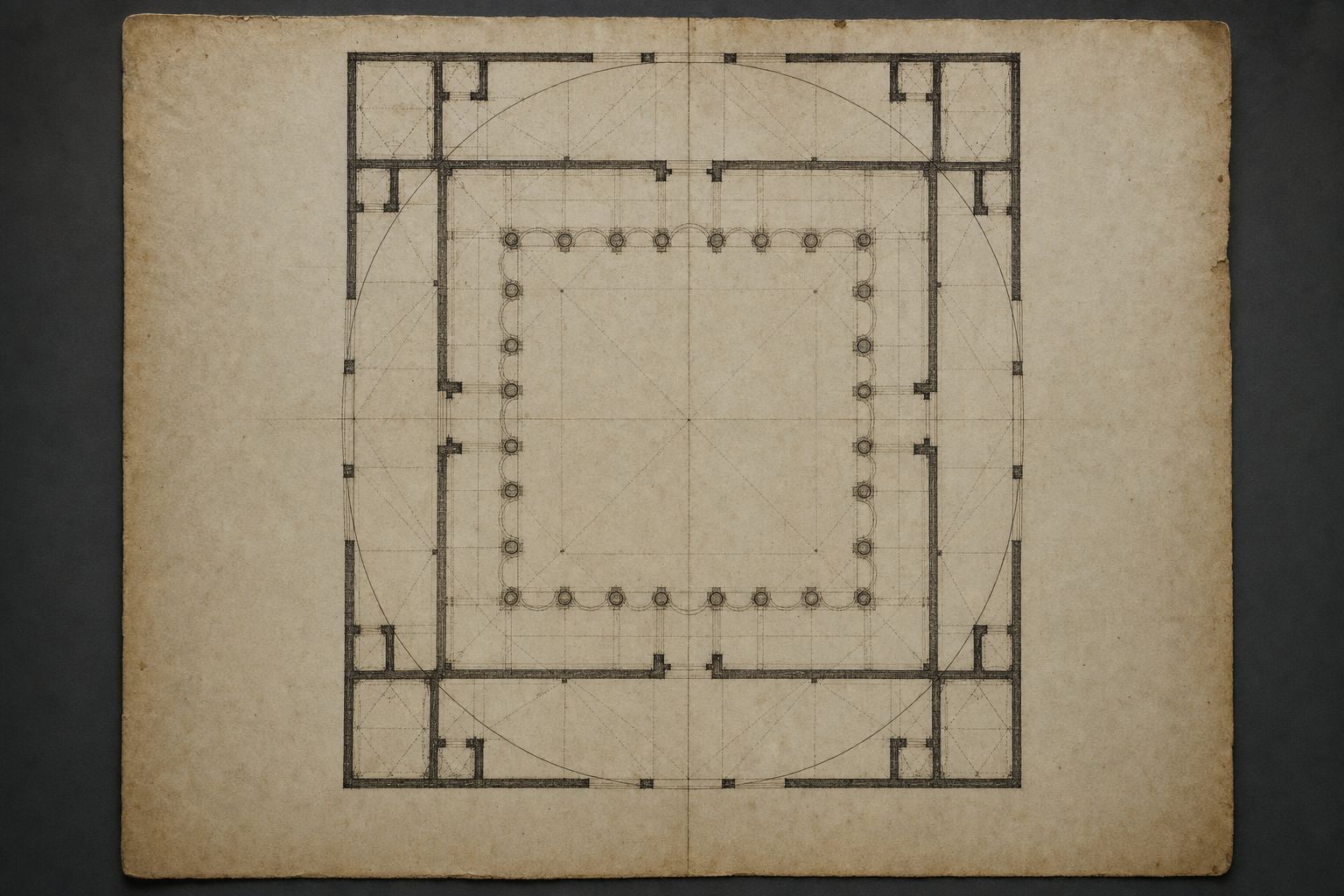 An architectural ground plan in fine ink on aged paper, a circle inscribed over a square hall