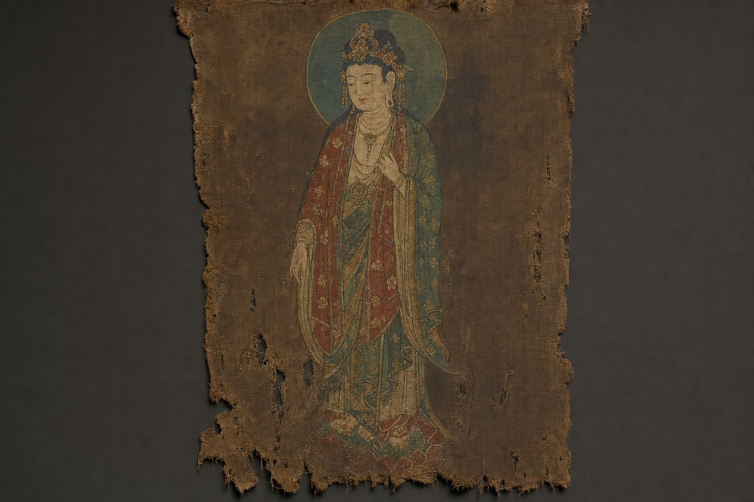 A fragment of painted silk banner showing a standing figure in a long patterned robe