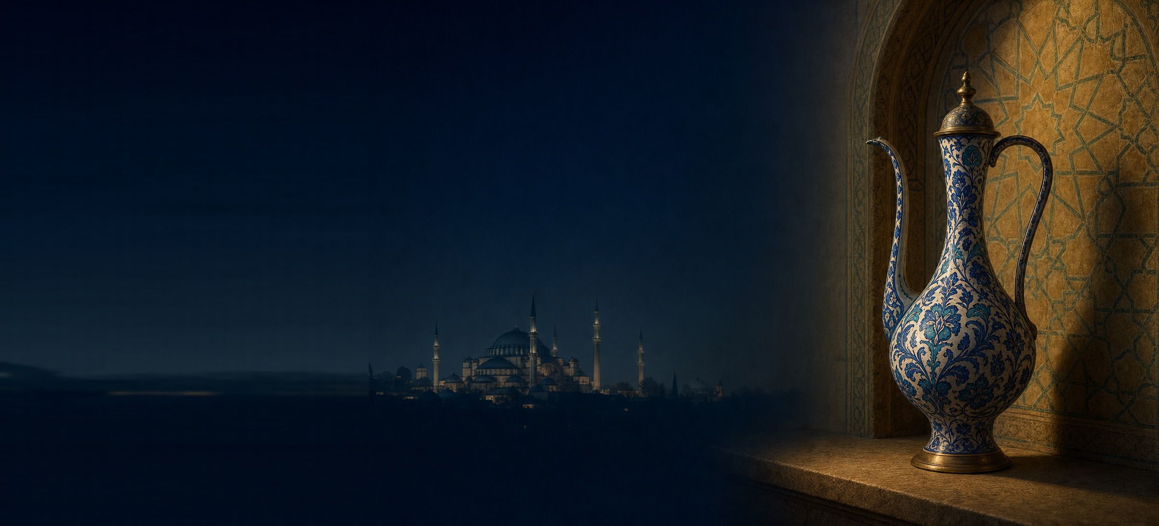 A tall blue-and-white ceramic ewer standing in a lit tiled arch, with a domed mosque glowing across the water at night