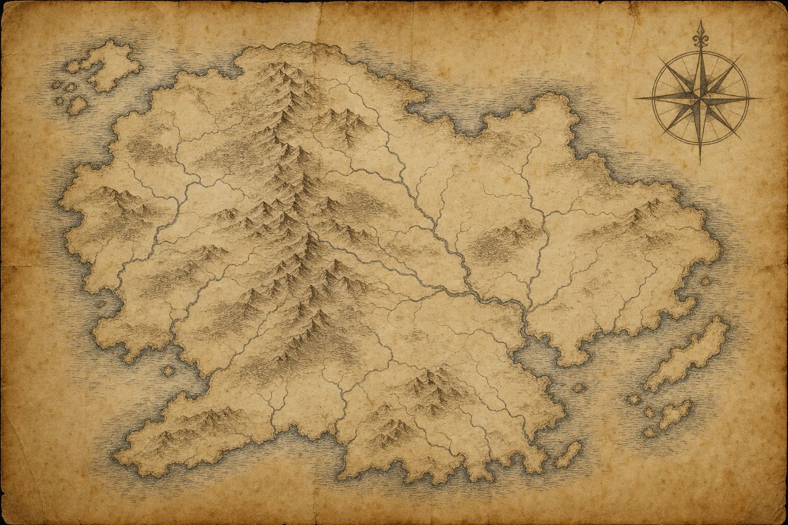 An antique-style parchment map showing mountain ranges, rivers and coastline in sepia and indigo ink