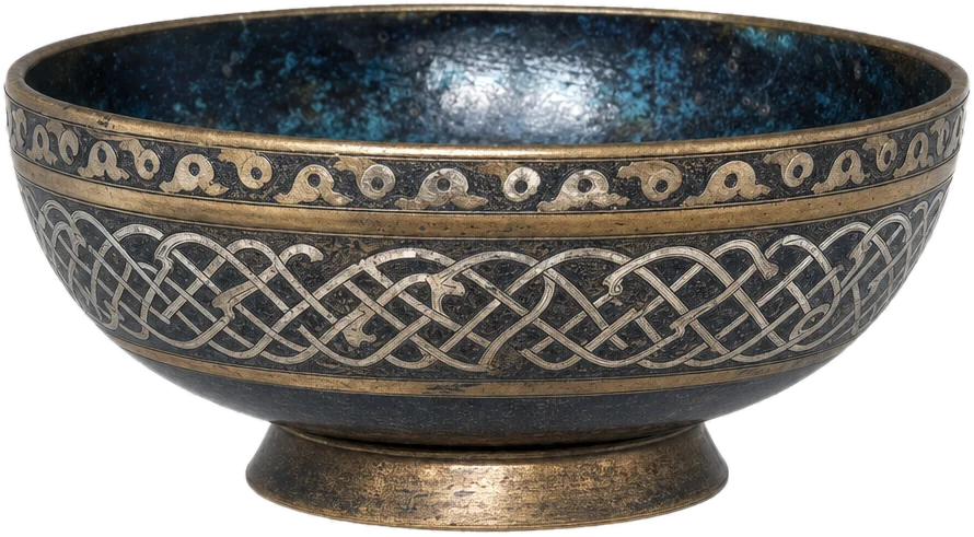 Shallow brass bowl with silver-inlaid interlace and a band of abstract ornament