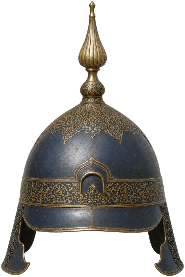 Domed steel parade helmet with a tall fluted finial and gold damascened arabesque bands