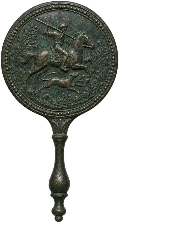 Circular cast bronze mirror with a relief scene of a mounted hunter inside a beaded border