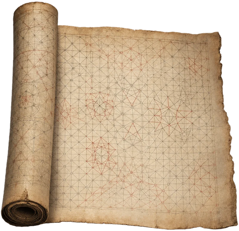 Partly unrolled scroll covered with ruled geometric construction drawings of interlaced star patterns