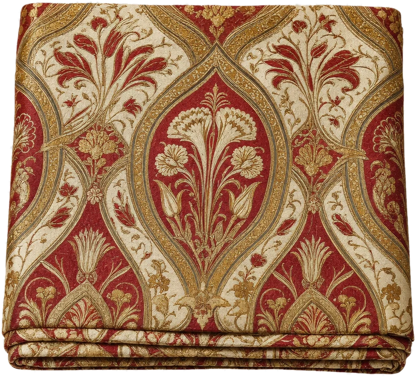 Length of silk brocade woven with large ogival medallions in crimson, ivory and gold thread