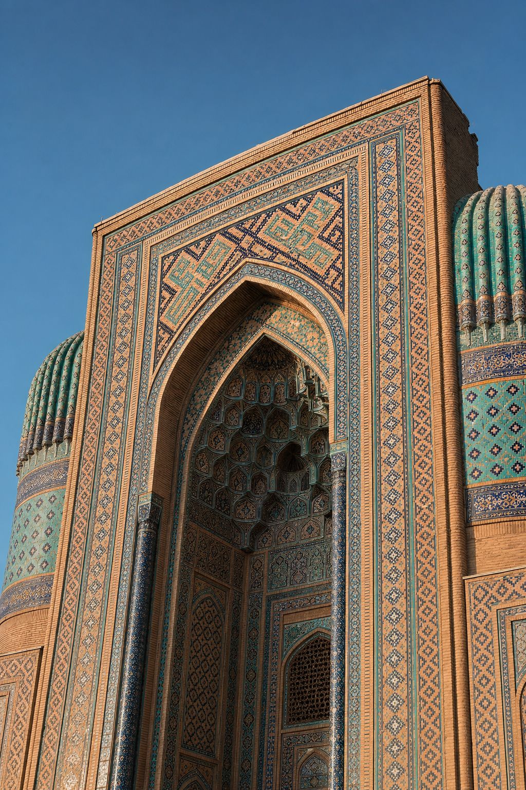 Monumental tiled portal flanked by ribbed turquoise domes