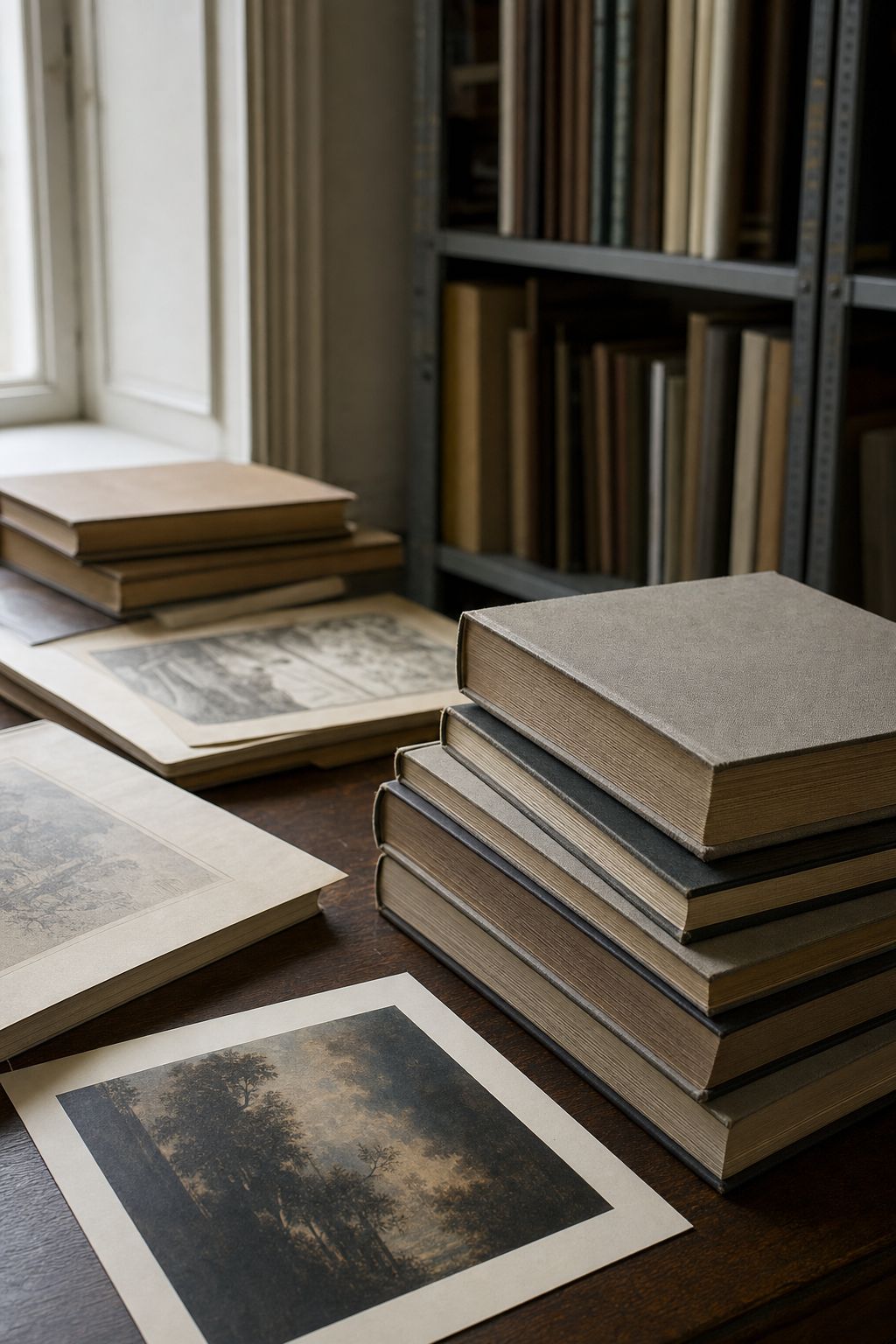 Stack of large hardbound exhibition catalogues on a dark table