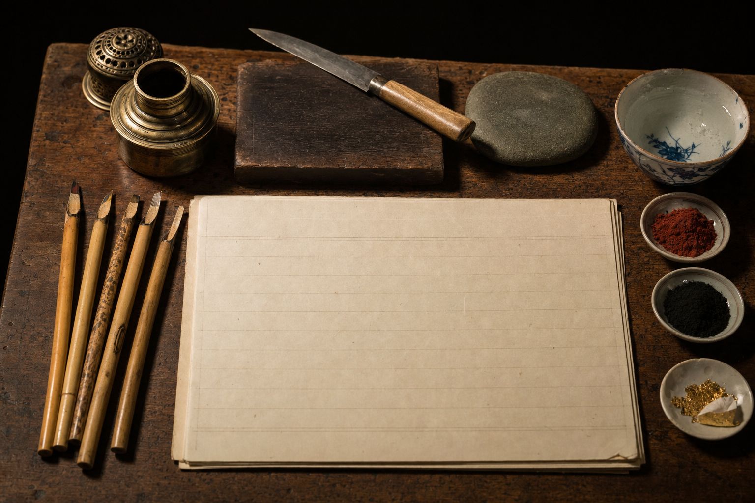 A calligrapher's table with reed pens, an inkwell, a burnishing stone and dishes of ground pigment