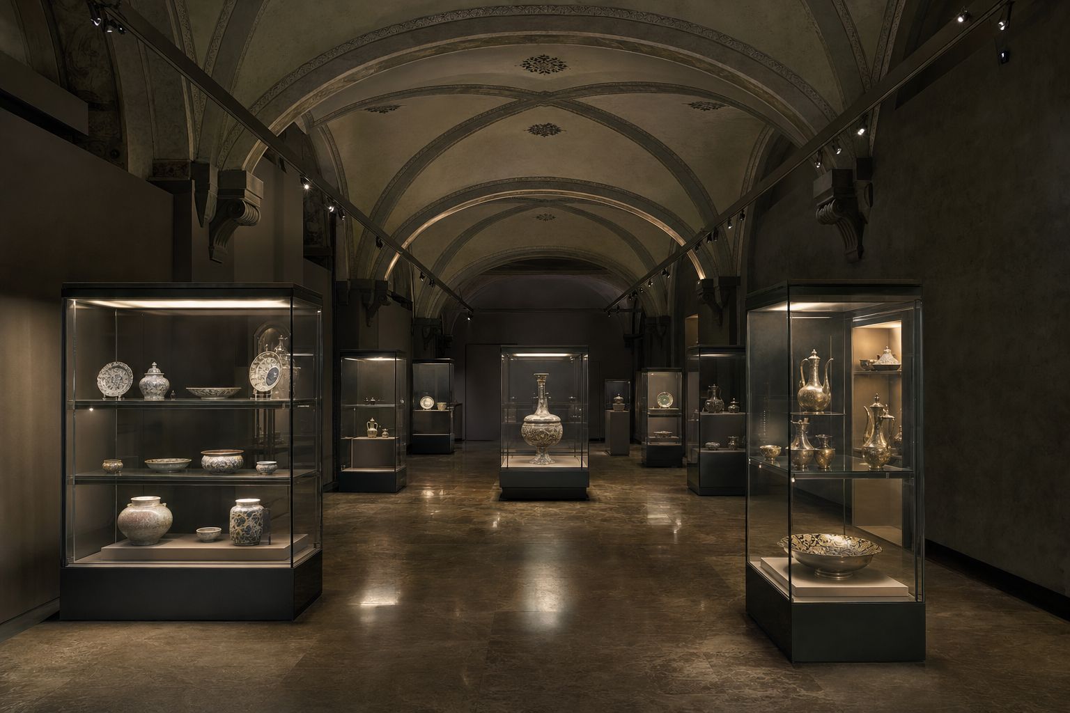 A quiet museum gallery with lit glass vitrines holding ceramics and metalwork
