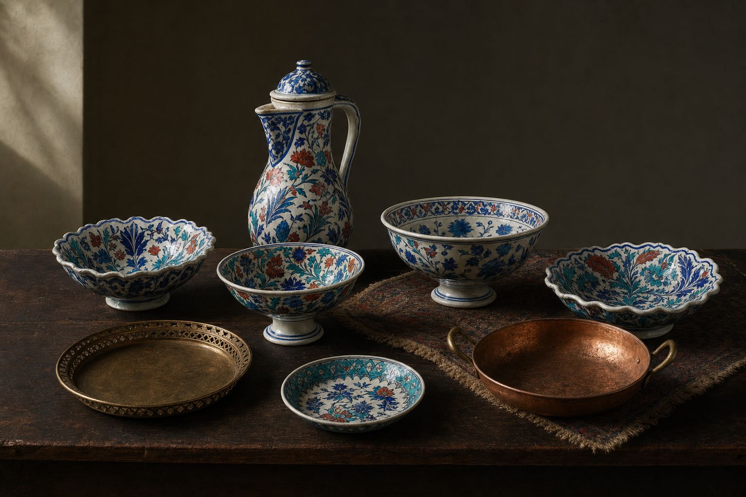 Glazed ceramic dishes, a covered jug and a copper pan arranged on a dark table