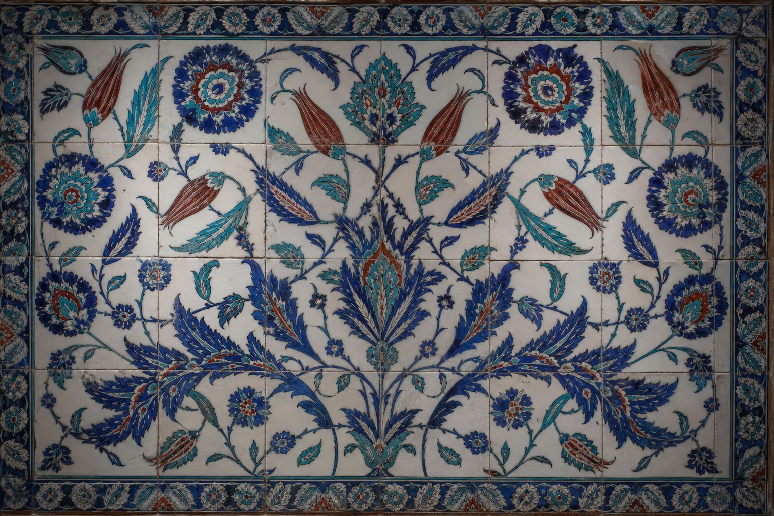 Tiled wall panel of saz leaves, rosettes and tulips in cobalt and turquoise