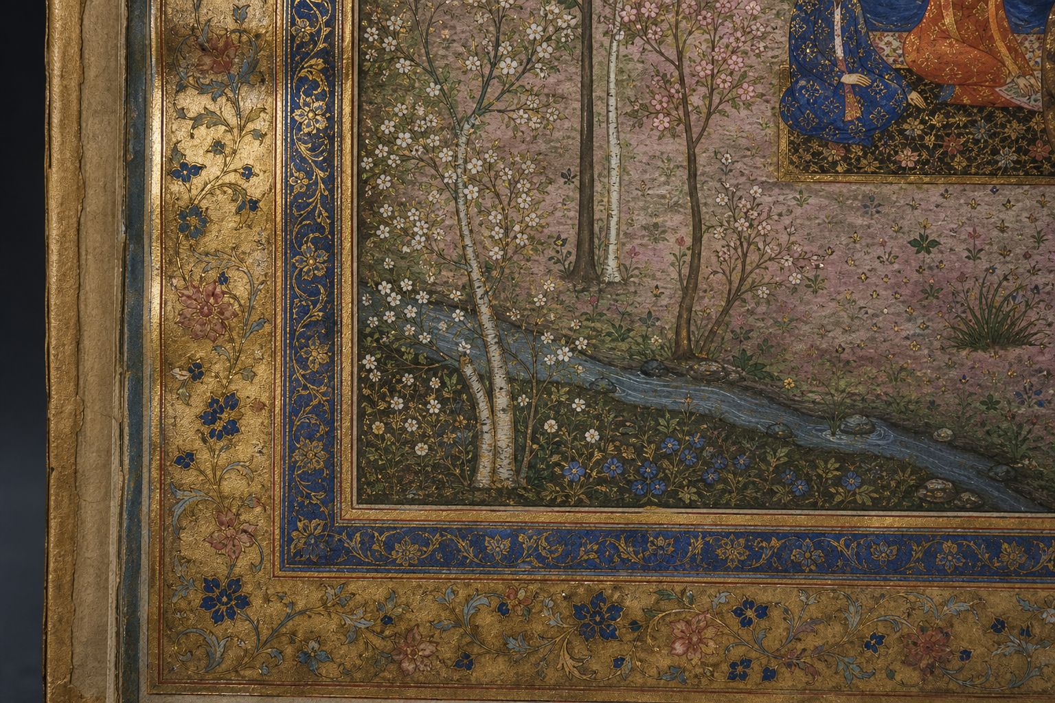 A garden scene with slender trees and seated figures, painted in lapis, gold and rose within an illuminated border
