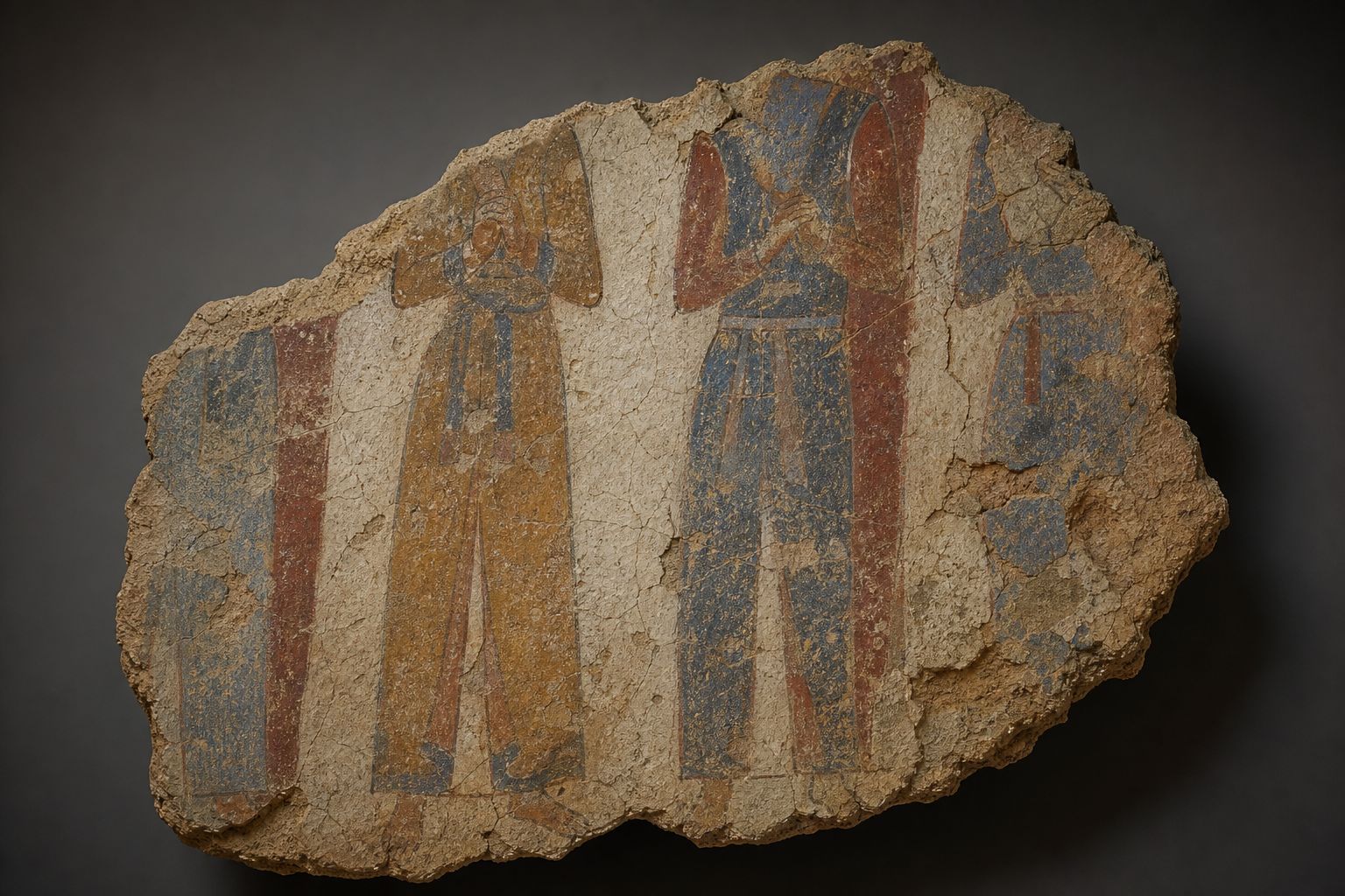 Fragment of a wall painting showing standing figures in long belted robes